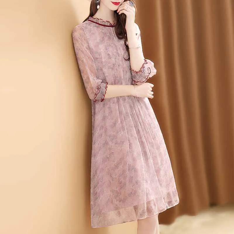 

2019 New Style Very Fairy of France Non-mainstream Chiffon Dress Women's Spring And Autumn Loose-Fit Korean-style Floral-Print A