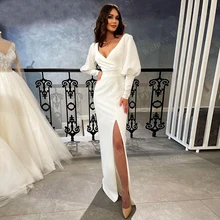 

Long Sleeve White Wedding Dress For Woman With Long Sleeves Slit V Neck Floor Length Plus Size Pleat Свадебное платье 2021