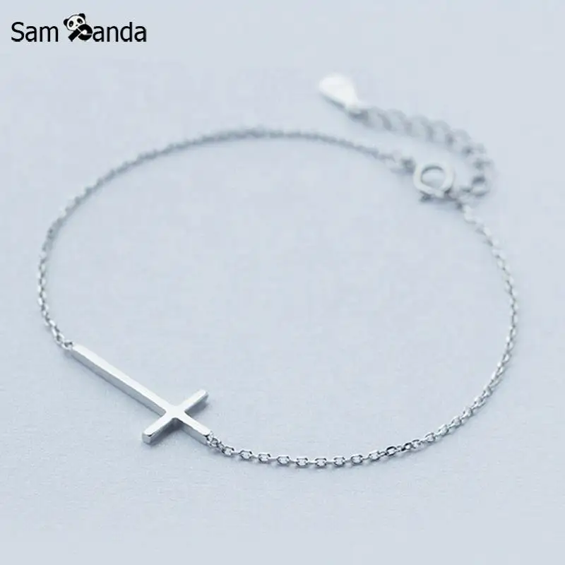 

100% 925 Sterling Silver Bracelet Silver Glossy Cross Bracelet Wholesale Simple Link Chain Women Friends Jewelry Bangles
