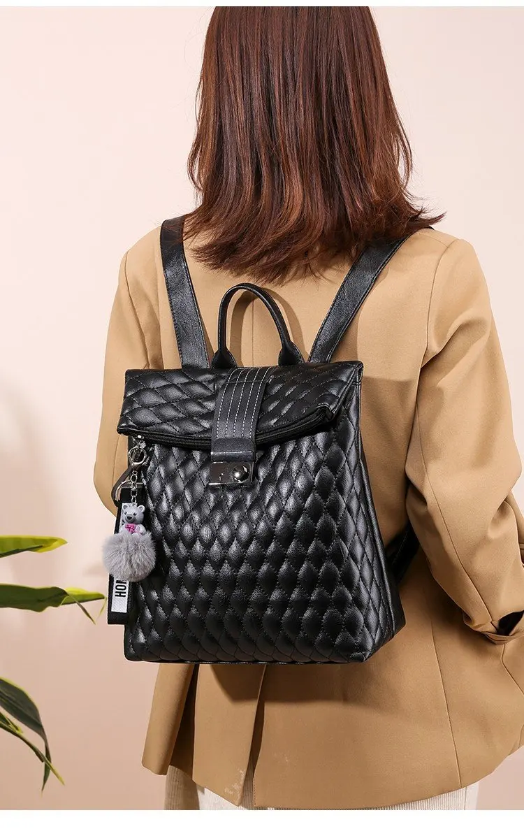 2019 Brand Designer Women's Quilted Leather Backpack Purse Ladies Fashion Leisure Rucksacks Anti Theft Backpacks with Lock Black (10)