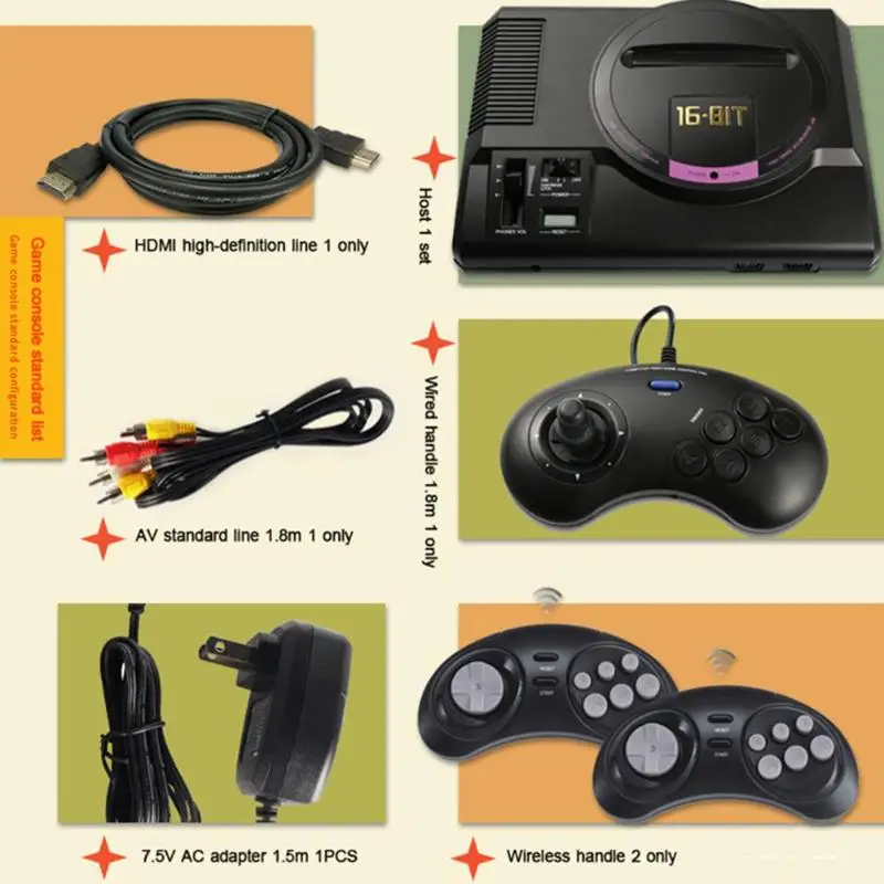 GTIPPOR 16BIT HD MEGA DRIVE MD1 TV VIDEO GAME CONSOLE WITH HDMI AV OUTPUT 2.4G WIRELESS CONTROLLER