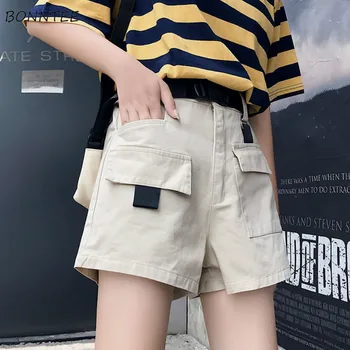 

Shorts Women Black Cargo Pockets Sashes Retro BF Harajuku Loose Wide Leg New Fashion Hot Short Students Summer Womens Streetwear