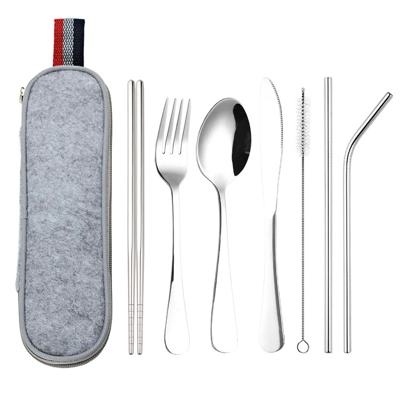 Черный набор посуды, набор столовых приборов для путешествий, кемпинга, многоразовый набор столовых приборов из серебра, металлическая соломинка, нож, ложка, вилка, палочки для еды и портативный чехол - Цвет: Silver