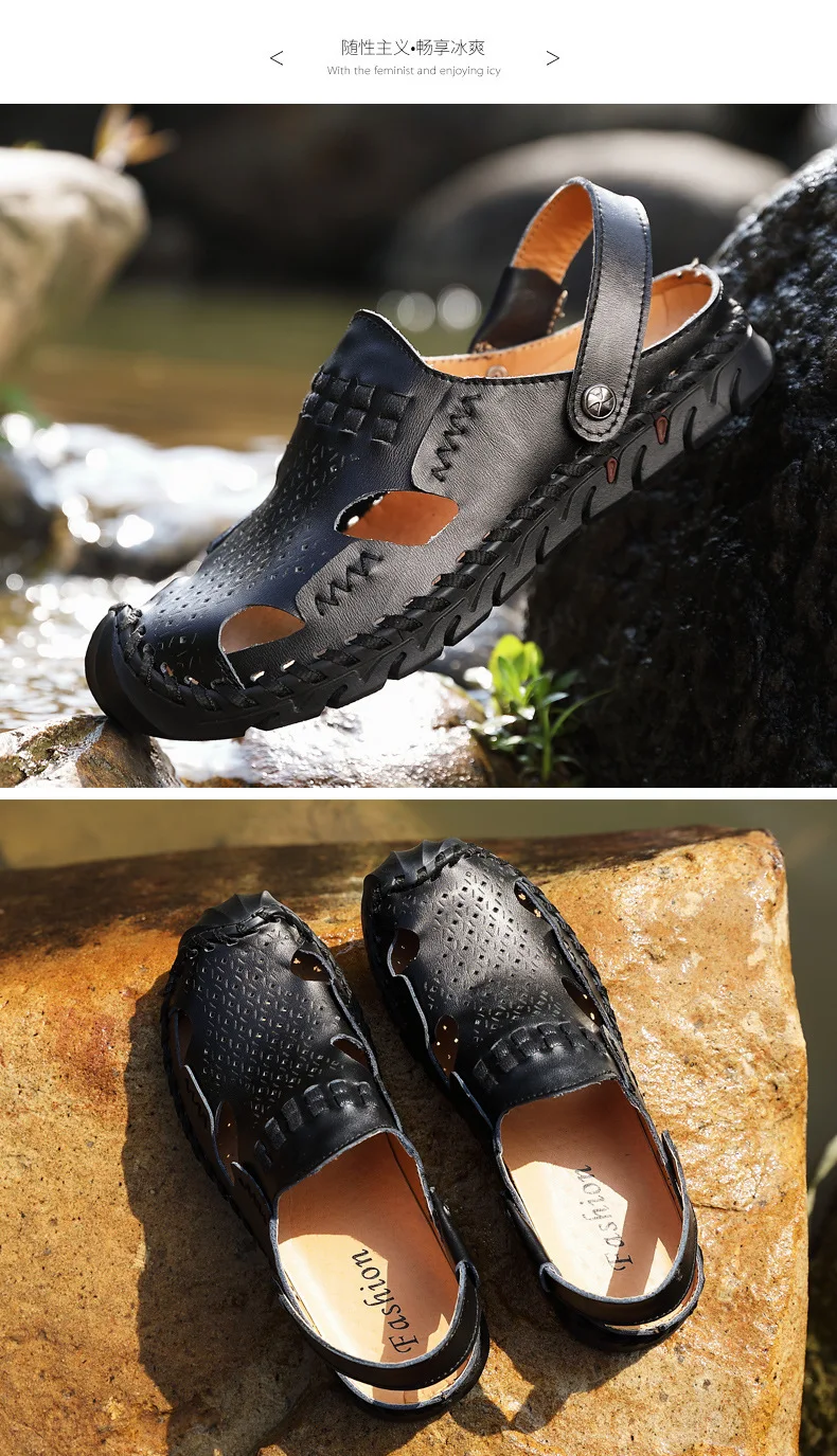 COWCOM Large Cow Leather Rubber shoes Summer Men's Sandals Real Leather Bag Head Outdoor Man Large size Casual CLK-BK926