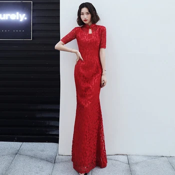 

Chinese Bride Wedding Dress Female Exquisite Red Slim Cheongsam Sexy Lace Long Mandarin Collar Qipao Novelty Robe De Soiree
