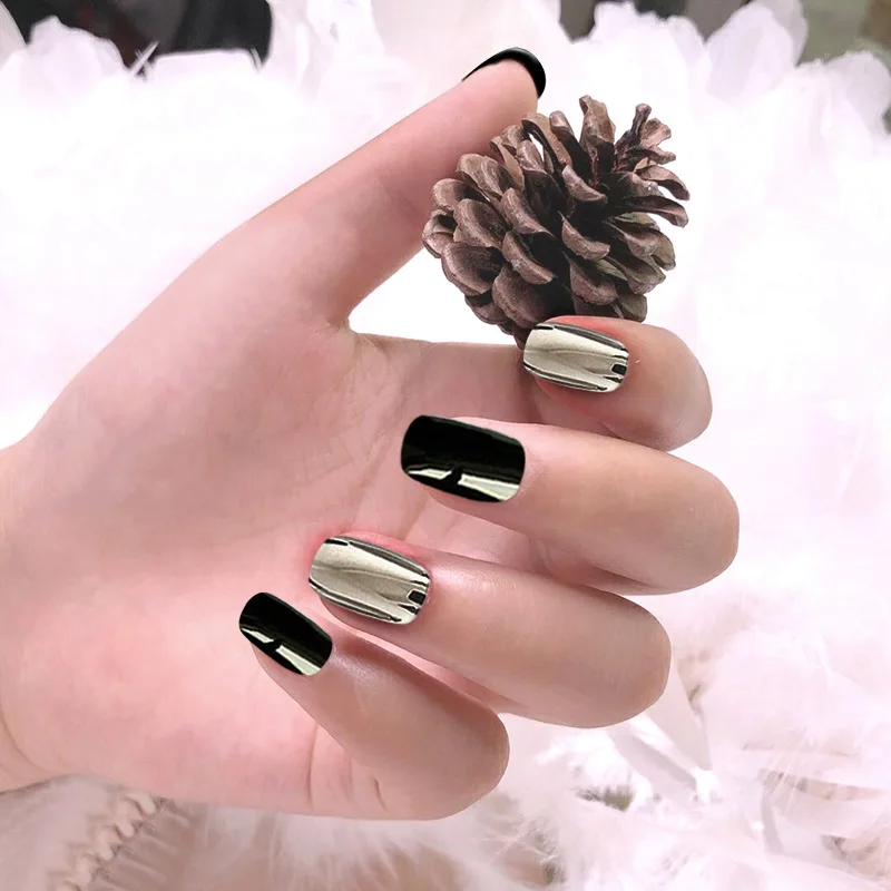 Nusx 24pcs Black Silver Press On False Nails TipsManicure Medium Acrylic Design Jumping Color Adhesive Glue 2