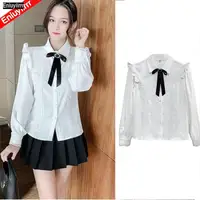 2021 Spring Women Long Sleeve Office Lady Work Business Formal Basic White Shirts Single Breasted Button Bow Tie Tops And Blouse 2