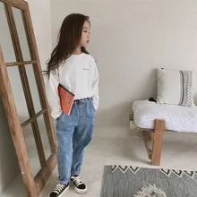 Коллекция года, осенние брюки в Корейском стиле для больших мальчиков и девочек модные стильные однотонные брюки джинсы средней посадки детские штаны