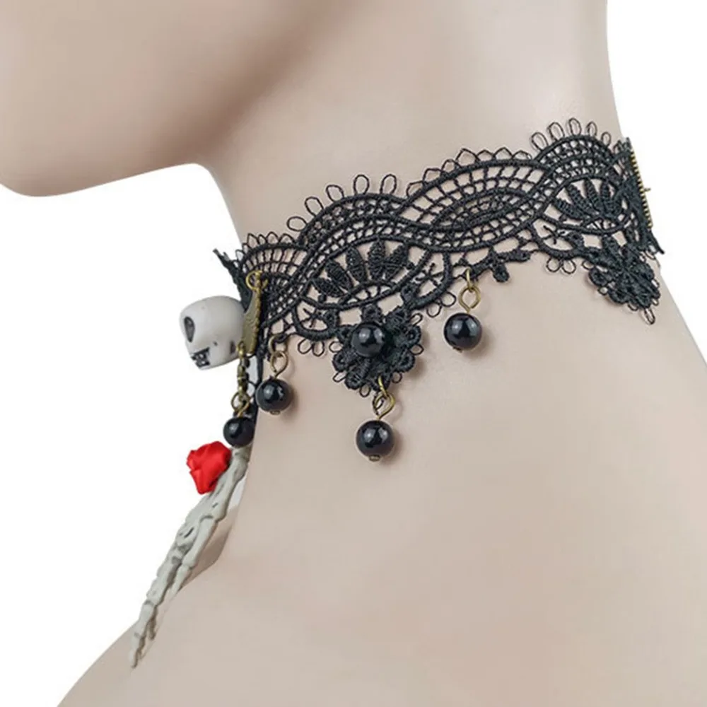 Hollowen ожерелье женский черный кружевной Готический кулон чокер Череп Кулон вампирская цепочка вечернее платье для вечеринки ювелирные изделия A1