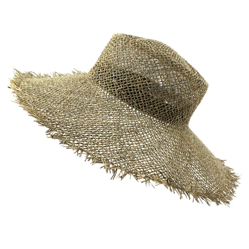 

Worn Woven Seaweed Bow Cap Casual Sun Beach Hat Cap Wide Side Summer Hat Unisex Outdoor Woven Straw Hat