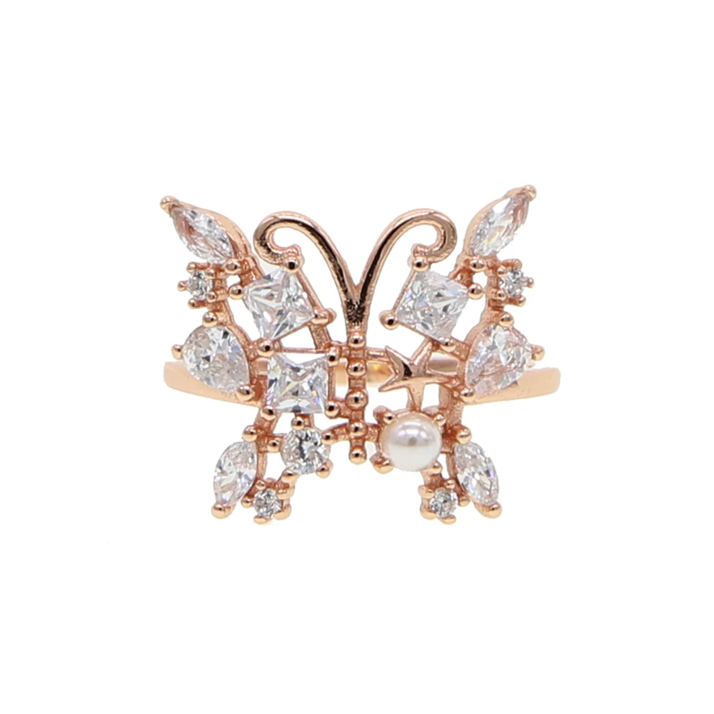 rose gold Розовое золото Белый cz свежий морской жемчуг бусина мощеная бабочка милое животное модное женское кольцо на палец - Цвет основного камня: rose gold