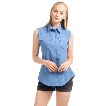 

Summer Women Loose Shirt Solid Ladies Turn-down Collar Sleeveless Button Pockets Casual Solid blusas mujer de moda 2019