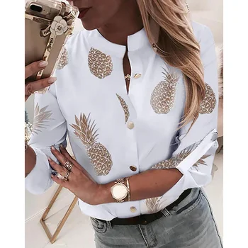 

Autumn New Pineapple Fruit Print Women Blouse Fashion V Collar Ladies Long Sleeve Shirt Casual Blusa Feminine Clothing SJ3796Y