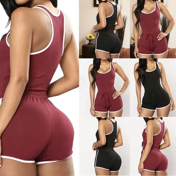 

2020 Side Striped Fitness High Waist O Neck Tank Top Sleeveless Lace Up Elastic Waist Shorts Sport Casual Women Jumpsuit