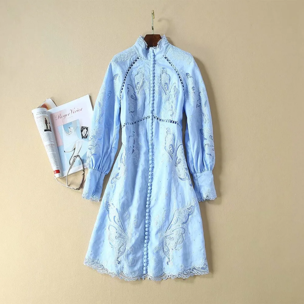 Top Quality Autumn Party Dresses Vestidos Women Lace Hollow Out Embroidery Single Breasted Long Sleeve Blue Dress Luxury