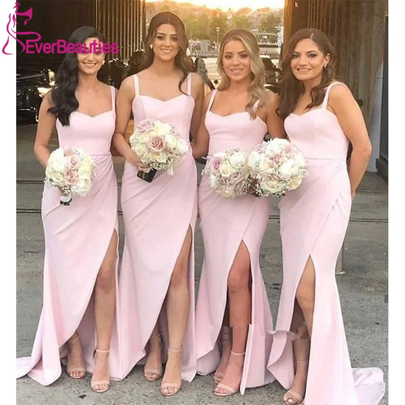 Платье подружки невесты русалки, длинное,, атласное, с разрезом по бокам, vestido de festa, на тонких бретелях, Robe demoiseur D'Honneur
