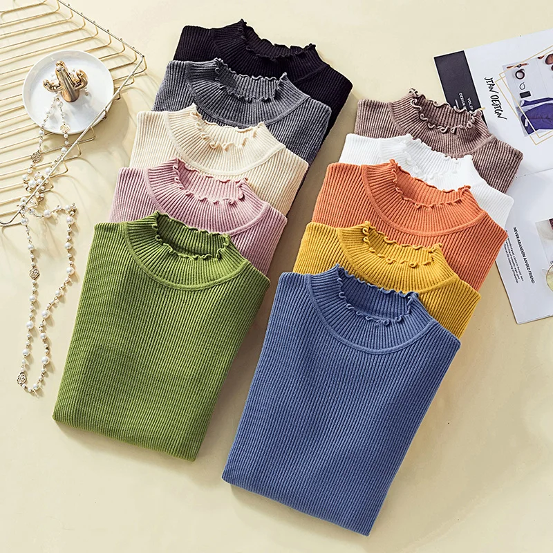 Женский пуловер с оборками трикотажный топ высоким воротом и зима 2020 | Женская