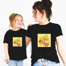 

New Disney Women T-Shirt Winnie And Friends Black Cartoon Base Family Tshirt Unisex Cotton Kid O-Neck Casual Baby Clothes