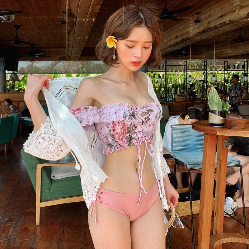

South Korea Printed Bandage Cloth Drawstring Short Tops Shorts Triangular Split Type Bikini Piece Bathing Suit Women's off-Shoul