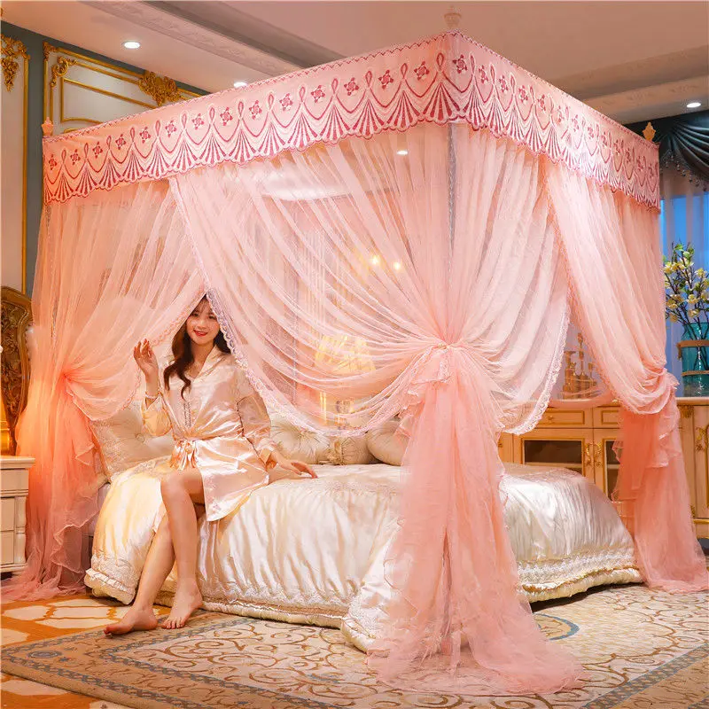 Embroidery Lace Pleated Mosquito Net for Bed Square Romantic