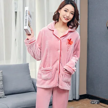 

Women Embroidery Sleep Set Autumn Winter Flannel Pajamas Set Nightwear Shirt&pant Soft Warm Coral Fleece Home Clothes Sleepwear
