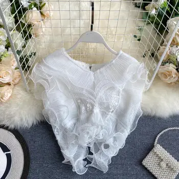 

2020 Summer Korea Fashion Women Elegant Short Slim Solid Color Sleeveless Lace Blouse and Top Blusas Mujer De Moda H496
