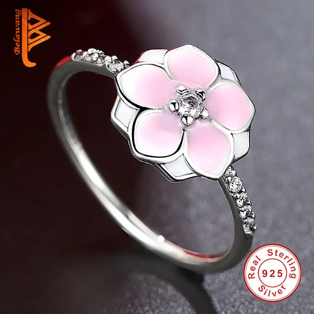 BELAWANG кольца Peach Blossom Оригинальные 925 пробы серебряные ювелирные изделия прозрачные CZ розовые Эмалированные кольца для женщин модные ювелирные изделия подарок