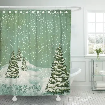 

Green Pattern Vintage Christmas Trees Snow Winter Forest Xmas Shower Curtain Waterproof Polyester 72 x 78 inches Set with Hooks