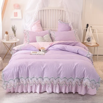 

Princess Korean Washed Cotton Lace Edge Duvet Cover set with Bed skirt 1.2m 1.5m 1.8m 2m bed 3/4ps Pink Red Soft Home Bedding