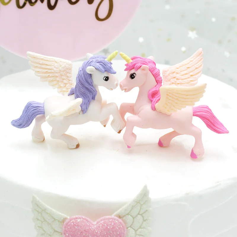 Unicorn Cake Topper Miniature Pegasus Rainbow Figure Girl Woman Angel Wings Compleanno Decorazione Torta Nuziale