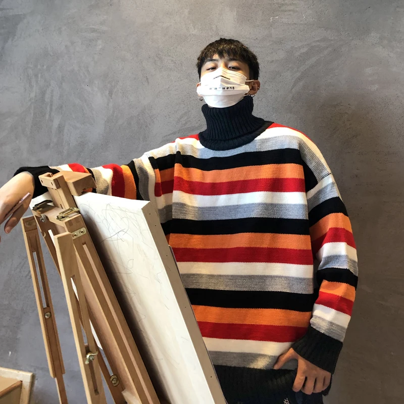 Winter High Collar Sweater Men Warm Fashion Contrast Color Casual Striped Knit Sweater Man Sweter Loose Long Sleeve Pullover Men Winter High Collar Sweater Men Warm Fashion Contrast Color Casual Striped Knit Sweater Man Sweter Loose Long Sleeve Pullover Men