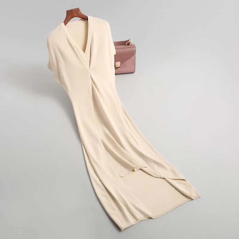 

J293 Women Elegant Solid Color V Neck Slim Waist Short Sleeve Irregular Length Split Sweater Dress Soft Wool Blends Dresses