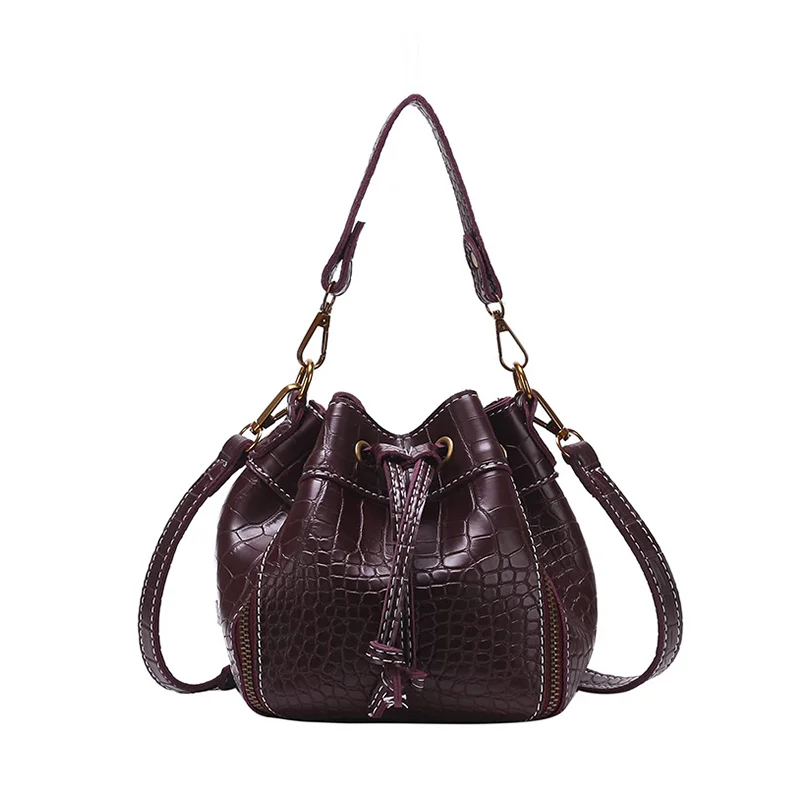

Women Crocodile Pattern Vintage Crossbody Bag Ladies String Bucket Bag Solid Handbag Fashion Leather Wild Casual Shoulder Bags