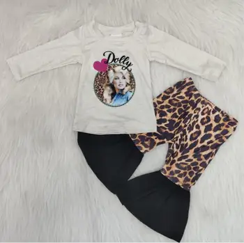 

Baby girls free shipping leopard ruffle bell bottoms pants design long sleeve shirt raglan ready to ship clothing sets