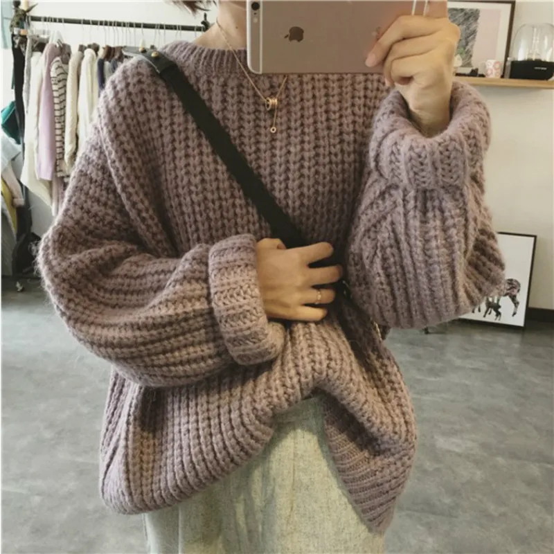 

2019 Autumn and Winter New Korean College Thick Wool Solid Color Pullover Sweater Retro Loose Sweater Women