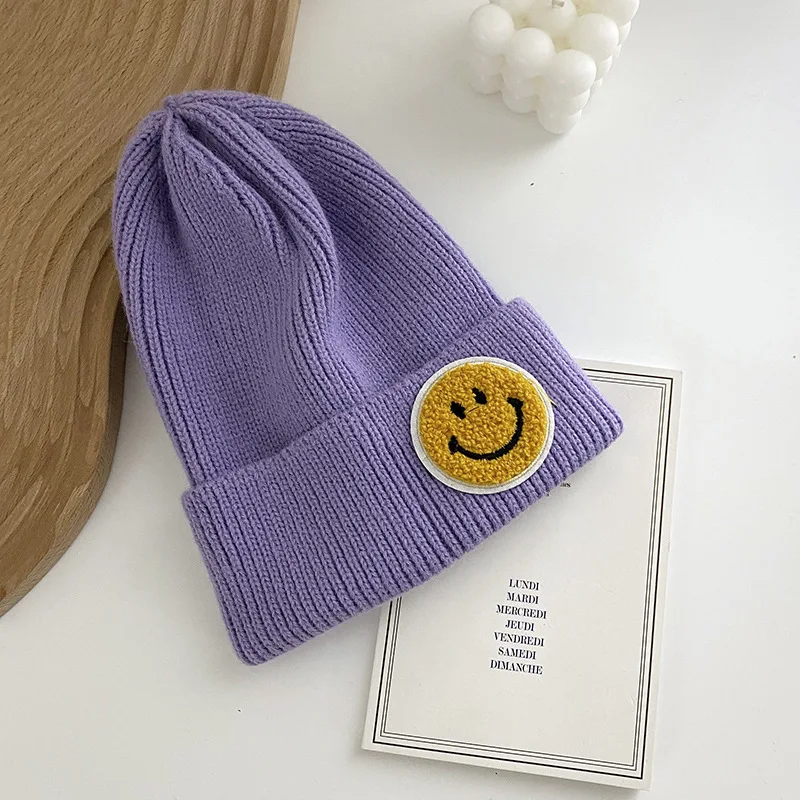 Hat Female Smiley Face Labeling Couple Knitted Hat Fashion 2021 Winter Thick Hedging Warm Knitted Hat Men And Women Woolen Hat true religion skully hat