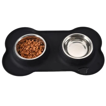 

Pet Double Bowl Stainless Steal Animal Feeding Dishes Non-Slip Food Water Holder