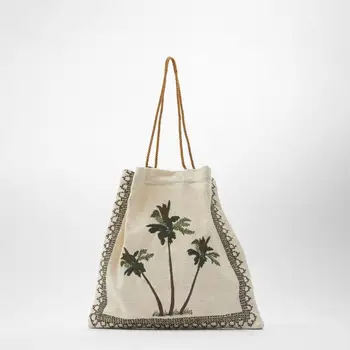

2020 New Summer Coast Three Palm Tree Embroidered Pattern Cotton Canvas Women Shoulder Bag Shopping Bag