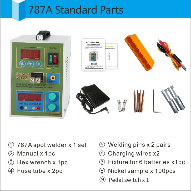 SUNKKO светодиодный импульсный Аккумуляторный точечный сварочный аппарат 787A+ точечный сварочный аппарат микро-компьютер 18650 микро сварочный светодиодный светильник+ зажим для аккумулятора