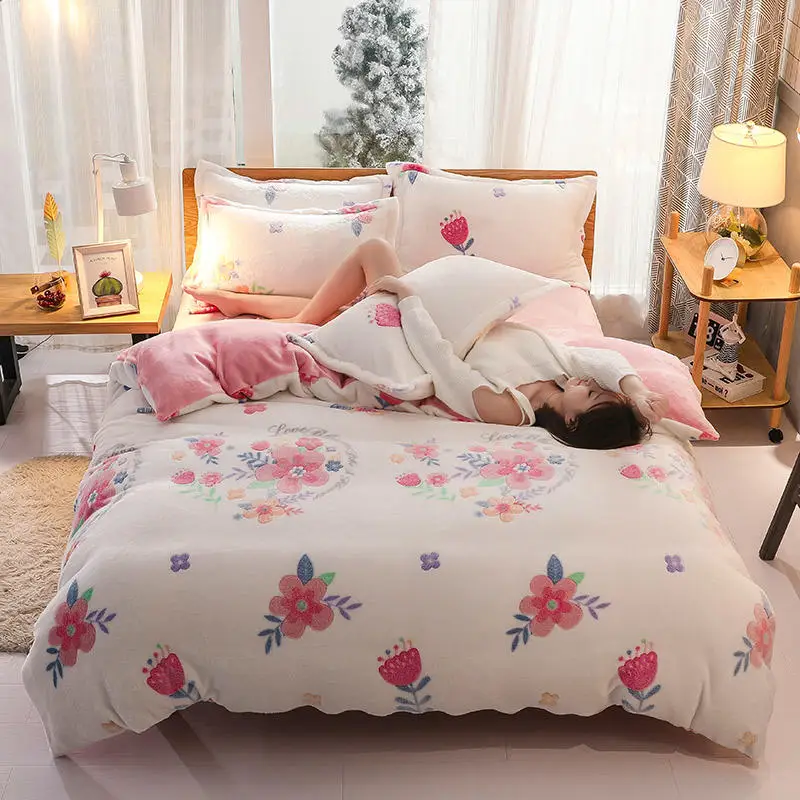 Flannel Bedding Set peony flower Bed Snow white Duvet Cover Sheet Pillowcases Twin Queen King size bed | Дом и сад