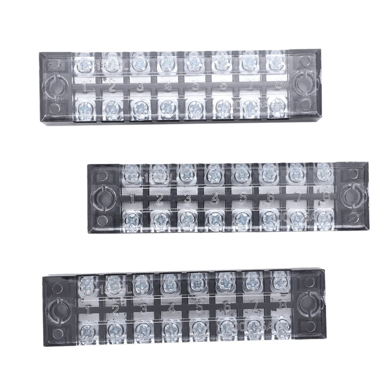 

3 Pcs 600V 15A 8 Positions Dual Rows Covered Barrier Screw Terminal Block Strip