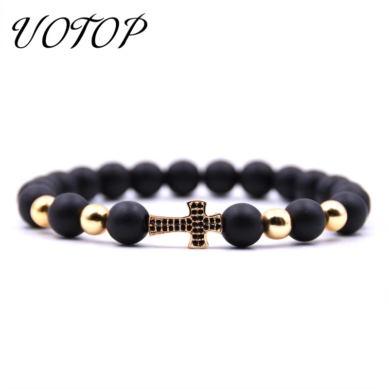 

UOTOP New Rose Gold Silver Color Micro Pave CZ Crystal Jesus Cross Bracelet Bileklik 8mm Natural Stone Bracelets for Women Men