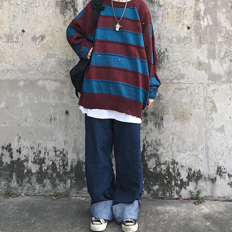 Полосатый свитер в стиле хип-хоп в стиле панк с дырками для мужчин и женщин, винтажный объемный пуловер, Повседневные вязаные свитера