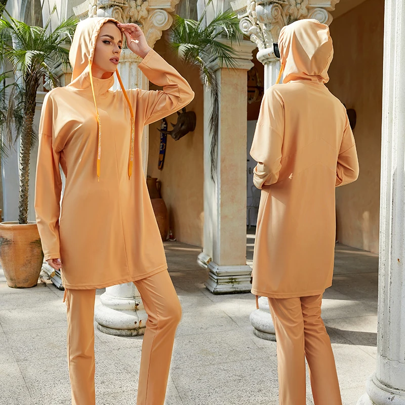 Nuove Donne Costume Da Bagno Musulmano Costumi Da Bagno Burkini Mujer Moslem Musp2 Maillot De Bain Femme Manica Lunga Nera Con Sciarpa Cappuccio Per C