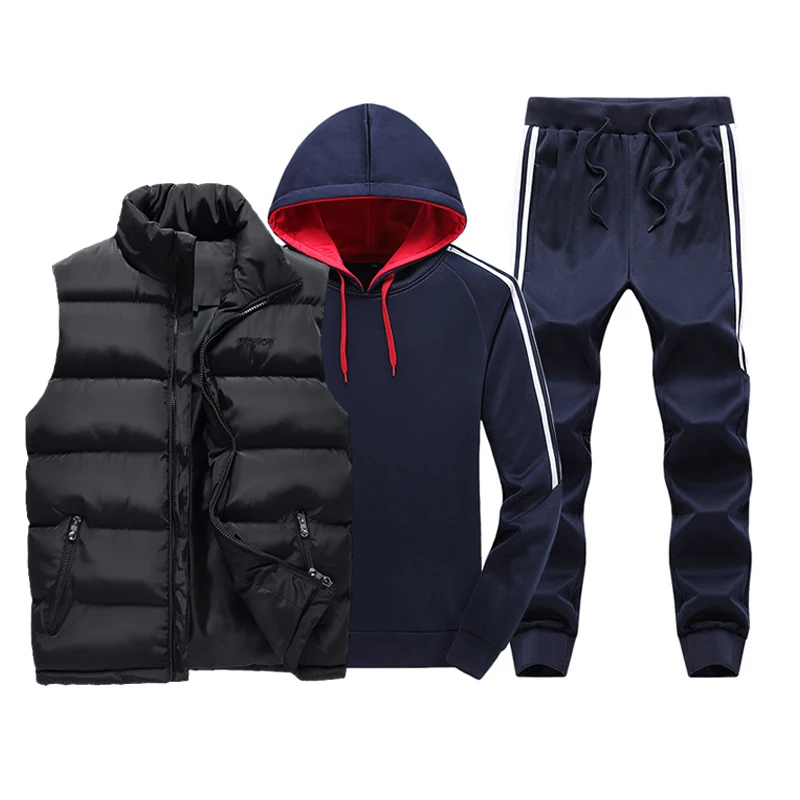 ZH301 Black Blue Спортивный костюм в стиле пэчворк, мужской комплект, уплотненный, тонкий, теплый, спортивный костюм для мужчин, три предмета, с меховым капюшоном, флисовые толстовки, жилет на молнии, мужские свитера - Цвет: ZH301 Black Blue