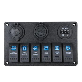 

Hot New 6 Gang LED Rocker Switch Panel Double USB Charger 12V Cigarette Socket Digital Voltmeter