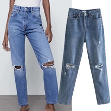 

Withered 2021 High Street Vintage Hole Jeans Woman England Style Fashion Washed Regular High Waist Jeans Ripped Jeans For Women