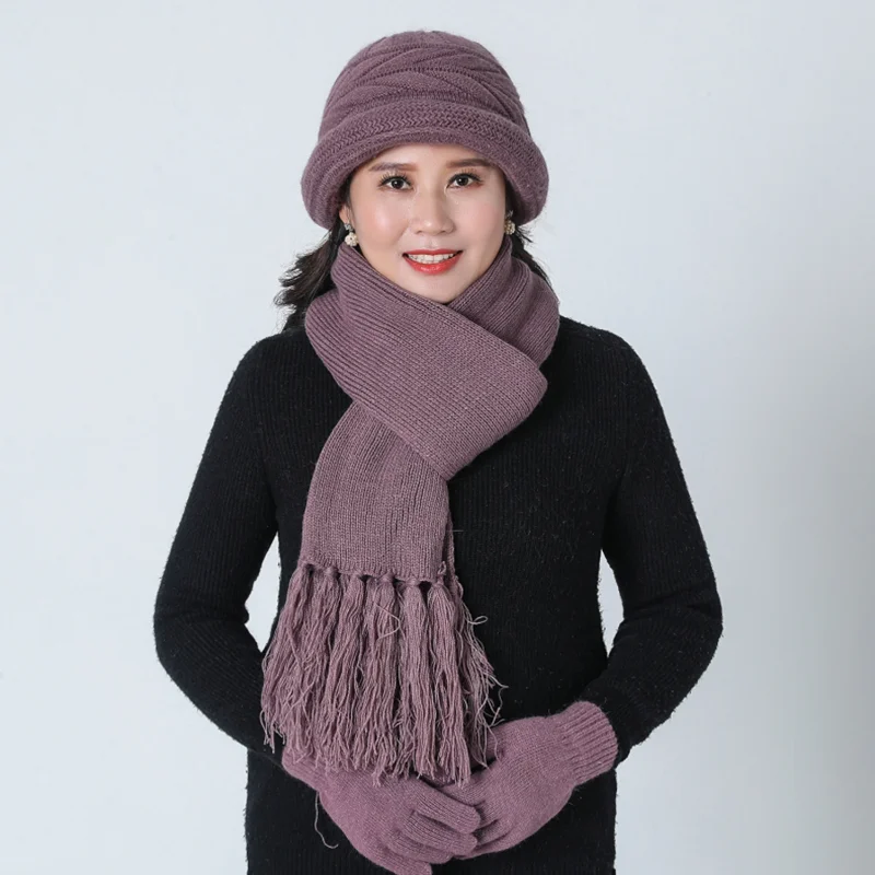 Middle-aged Lady Hat Autumn Warm Wool Mixed Warm Hat Woolen Cap Middle Age Mother Grandmother Knitted Hat scarf gloves Hat