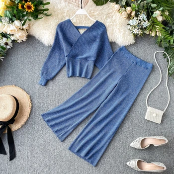 

Knitted Two Piece Set Women V Neck Batwing Sleeve Shining Short Jumper Sweaters Crop Top + Wide Leg Pants Set Ensemble Femme