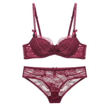 

Lace underwear women bra set sexy lace embroidery comfortable thin cotton 3/4 cup push up bra lace transparent briefs set